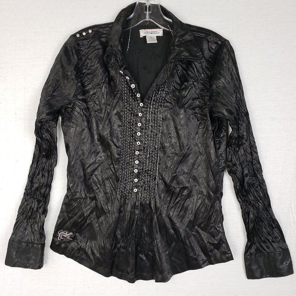 Parasuco Y2K Blouse Top Crinkled Shimmer Metallic size L Stretch Grunge Goth